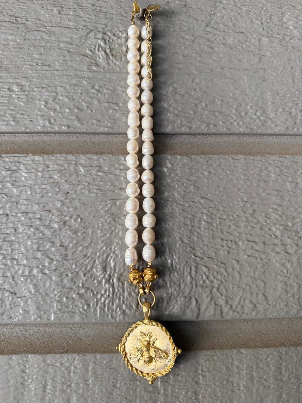 Gold Medallion Pearl Necklace - White Pearls